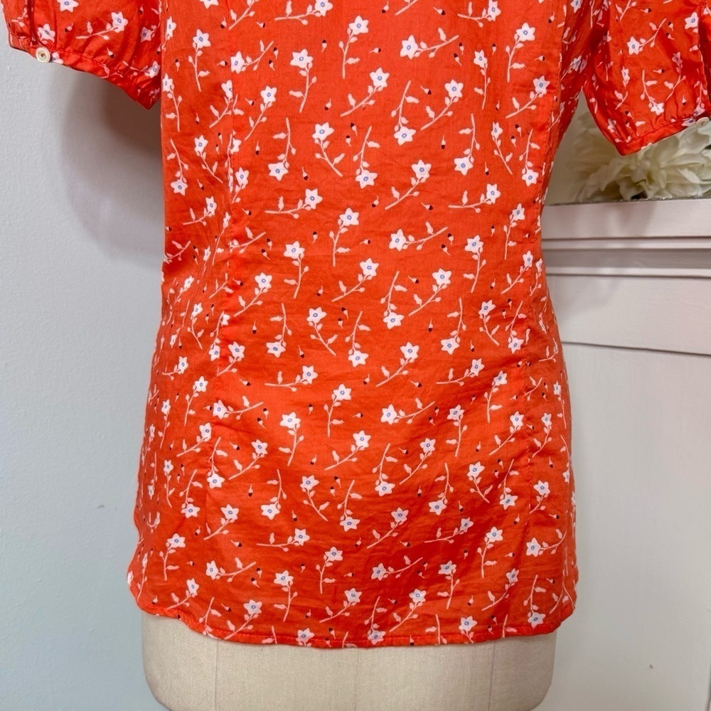 Talbots Ruffle Popover Blouse Scattered Blossoms Orange with White Flowers Large - Picture 8 of 10